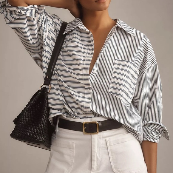 Anthropologie Maeve Bennet button down  blue/white color block shirt size medium - Picture 2 of 12